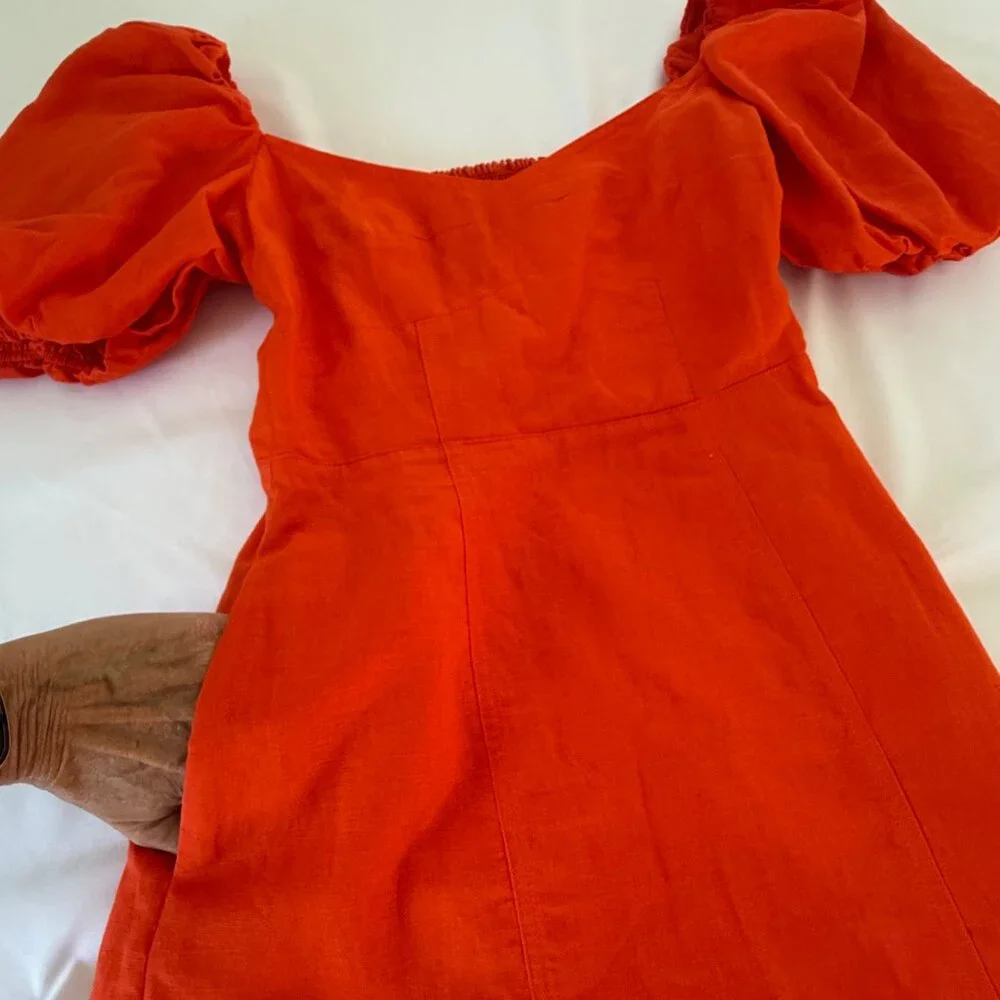 NWOT Banana Republic Orange Linen Blend Puffy Sleeve Side Slit Dress Size 2 - Picture 7 of 14